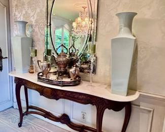 Antique Venetian Mirror,  Marble Top Console Table, Two Large Porcelain Vases & Silver Tea Set