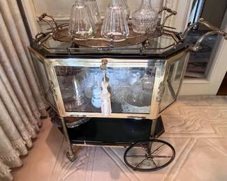 Absolutely Magnificent Brass & Glass Rolling Tea Cart / Liquor Cabinet 