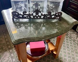 William Sonoma Kitchen Cutting Block with 3 Decorative Square Glass Storage Canisters 