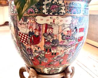 Chinese Fishbowl Vessel On Teak Stand With Faux Plant 