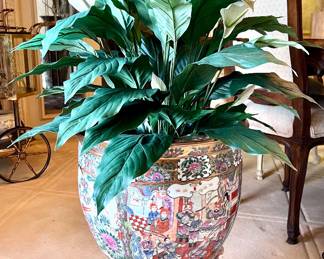 Chinese Fishbowl Vessel On Teak Stand With Faux Plant 