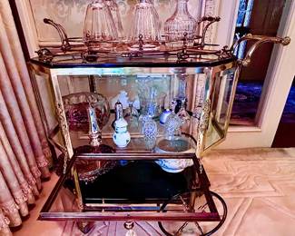 Absolutely Magnificent Brass & Glass Rolling Tea Cart / Liquor Cabinet 