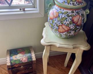 Small Wooden Trunk with Hand Painted Flowers on Lis, Small Wooden Table and Italian Pottery with Pear & Flower Motif