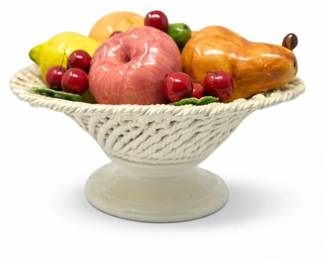 23 VintageItalianMajolicaStyleCeramicWovenFruitBasketCenterpiece
