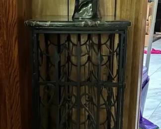 NO105Wrought Iron Wine Cabinet With Marble Top  Dolphin Sculpture