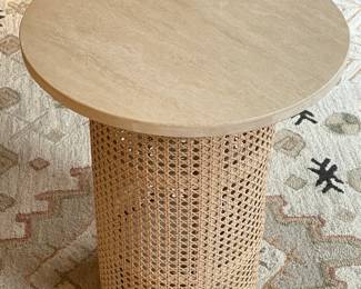 "Vernet" Travertine & Cane End Table By Crate & Barrel
