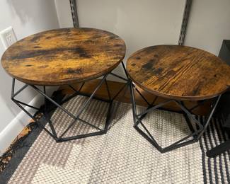 Set Of 2 Steel & Wood Abstract End Tables