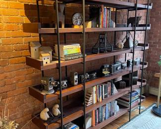 Ashley Furniture "Montia" 76" Bookcase W/ Blackened Metal Frame & Oiled Walnut Tone Shelves