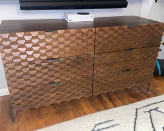 Crate & Barrel Raffael 6 Drawer Carved Wood Dresser W/ Honeycomb Pattern 