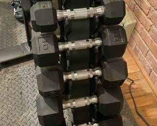 5 Pair Rubber Hex Dumbbell Set W/ A-Frame Rack