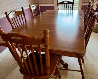 PRESALE ITEM #1 - Tell City Dining Table with one leaf and 6 Chairs in excellent condition - $300  (83" x 41.5")