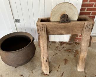 1800’s Iron Cauldron; Grinding Wheel