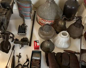 More antique metalware, 1940s baseball glove