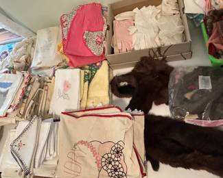 Vintage gloves, linens, furs