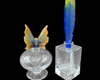 Lot of 2 Daum France Butterfly & Quill Feather Perfume Jar