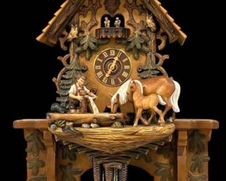 Large Black Forest German Carved 8 Day Musical Cuckoo Clock - Boy & Horses