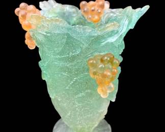Signed Daum France Pate de Verre Grapevine Vase 9"