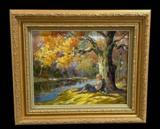 1961 "Boy Fishing" Oil on Board by American Artist Inez Tatum