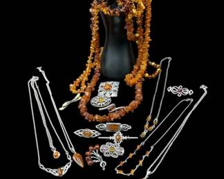Large Estate Lot Amber & Amber/ Sterling Silver Jewelry, Necklaces, Bracelets, Pendants