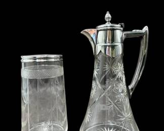 White Star Line 1913 Sterling Silver Rimmed Glass Vase & Silver Plate Claret Decanter Jug