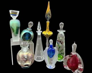Collection of 8 Art Glass Perfume Bottles, some signed, Baccarat