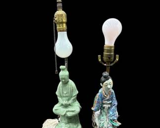 Estate Lot of 2 Chinese Figural Lamps - Crackle Glaze & Famille Rose Porcelain