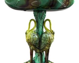 Antique Majolica Crane & Lily Pond Pedestal Centerpiece