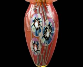 2002 Signed Eickholt Art Glass 8.25" Hand Blown Vase with Flowers