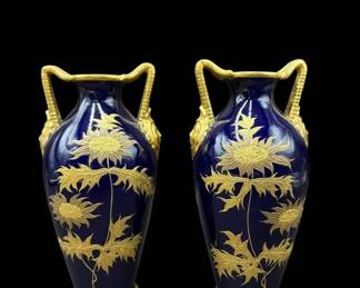 Pair of 7" tall Cobalt Blue and Gilt Gold Royal Worcester Vases - England