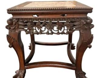 Highly Carved Chinese Hardwood & Marble Side Table