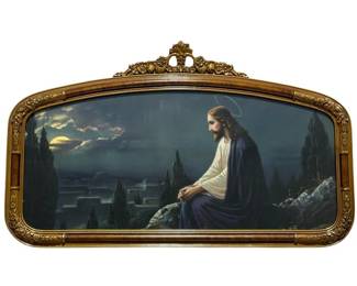 1930's Jesus Sitting on Mount of Olives Lithograph Print, Wood Gesso Frame