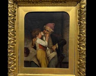 19th Century Antique Oil on Board Grandfather & Affectionate Grandson, Unsigned