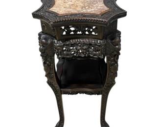 19th Cent. Highly Carved Chinese Hardwood & Marble Taboret Table