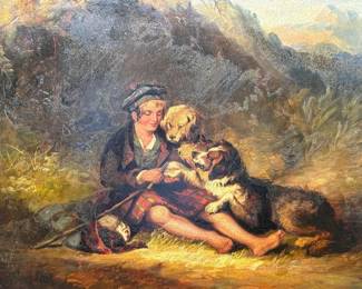 Antique Oil Painting on Tin - " Scottish Boy in Field with his Dogs"