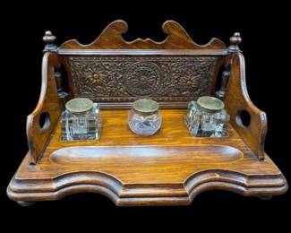 Antique White Star Line Ship "Majestic" Wood Inkwell Desk Stand