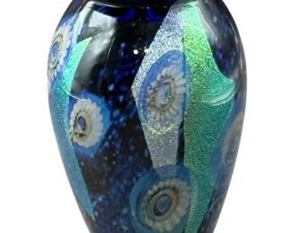 2002 Signed Eickholt Art Glass Vase Blue & Green Hand Blown