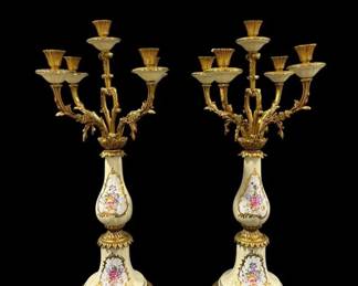 Pair of Sevres French Hand Painted Porcelain Candelabra Floral & Gilt 5 Arm Rococo Style