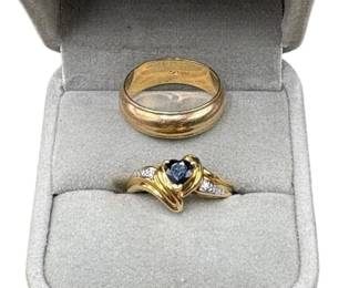 Estate Lot of 2 - 14k Yellow Gold Band & Sapphire & Diamond Ring 8 Grams total