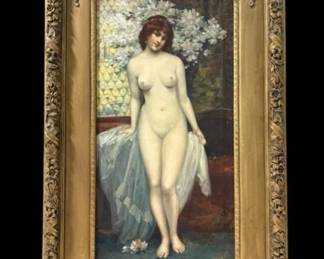 Signed 19th Century Nude Woman with Flowers Large Oil Painting on Canvas