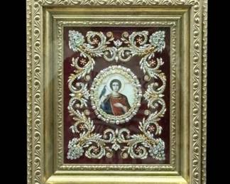 Very Ornate Russian Icon - Saint Gold Framed / Jewels - Natalia Gorkovenko , Moscow 2016