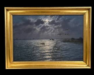 Oil Painting Signed J. L. Vander Meide - "Ducks In Flight Over Water"