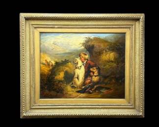 Antique Oil Painting on Tin - " Boy in the Field with his Dogs"