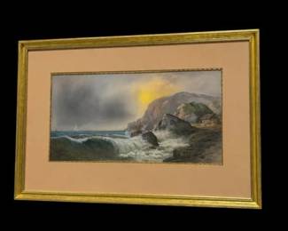 Gold Framed Beach Landscape Pastel Painting - John W. Clarke 1892