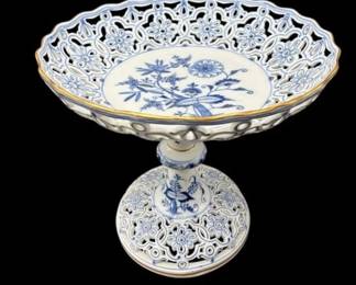 Antique Meissen Porcelain Blue Onion Pattern Pierced Compote