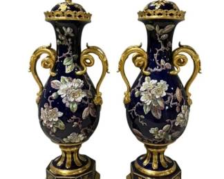 Pair of Stunning Fischer & Mieg Ornate Gilt Cobalt Blue Porcelain Urns - 24" tall