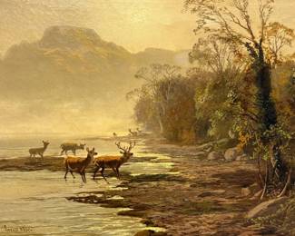 Antique Oil on Canvas "Landscape with Stags" by Clarence Henry Roe