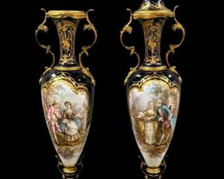 Pair of Large Antique Sevres Gilt & Cobalt Porcelain and Bronze Urns 32.5" (one as is)