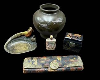 Estate Lot of 5 Antique Chinese & Bronze: Box, Bottle, Tray, Vase & Leather Wallet