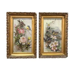 Pair of Victorian Oil on Panel Paintings - Birds & Flowers Framed Art signed by M. Merino