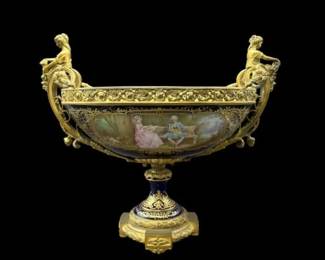 19th Century Serves France Style Cobalt Blue & Gilt Bronze Porcelain Painted Centerpiece Bowl